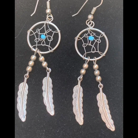 Dream Catcher Earrings Silver Tone/blue bead & dangle silver tone feathers - Picture 4 of 4
